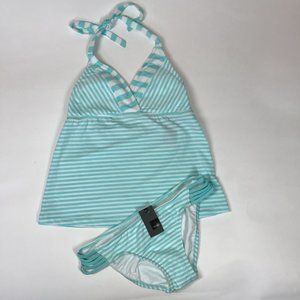 Mossimo Halter Tankini Bathing Suit sz M Strappy Side Bottoms Blue Stripe NWT